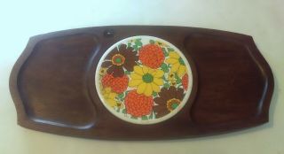 Vintage Gail Craft Quality Woodenware Japan Ceramic Floral Tile Cheese Tray 70s