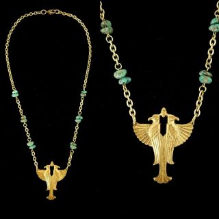 Vintage Egyptian Revival Horus Scarab Brass Necklace Real Turquoise