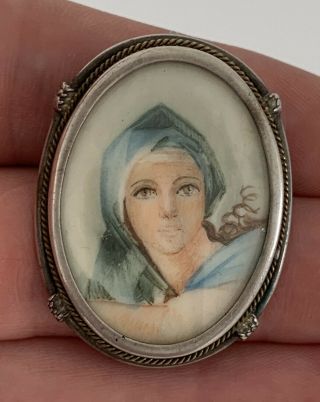 Solid Silver Period Art Deco Handed Painted Portrait Miniature,  925