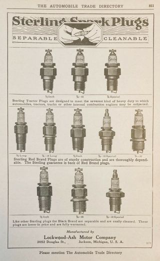 1920 Ad (m5) Lockwood - Ash Motor Co.  Jackson,  Mi.  Sterling Motor Spark Plugs