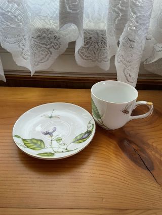 Vintage Gold Trim Porcelain Tea Cup & Saucer J.  Godinger & Co Butterfly Bee Vine