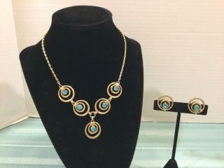 Vintage Gold - Tone Chain Round Turquoise Blue Drop Necklace & Earrings Set D1