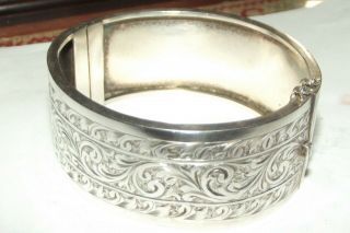 Vtg Sterling Silver - Antique Etched Flower Wide Solid Cuff 6 " Bracelet - 33g