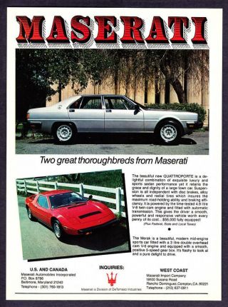 1981 Maserati Quattroporte Sedan & Merak Coupe Photo " 2 Thoroughbreds " Print Ad