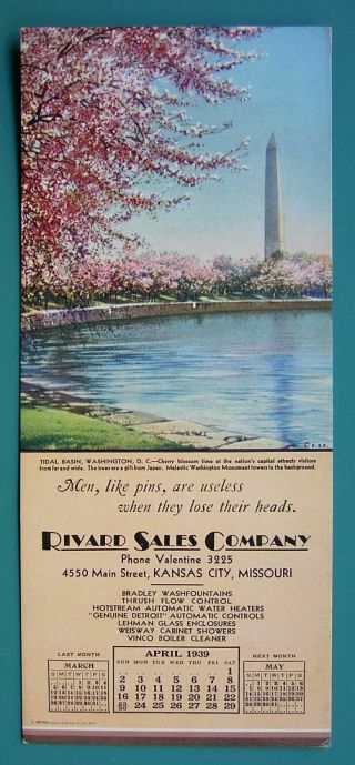Ink Blotter Ad 1939 - Rivard Sales Co.  Kansas City Mo & Washington Monument Dc