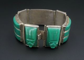 Vintage Del Rio Taxco Sterling Silver Carved Green Onyx Panel Bracelet Bs2390