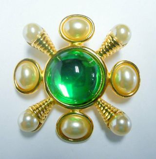 Kenneth J Lane Kjl Vintage Maltese Pearl Green Cabochon Brooch Pin Pendant