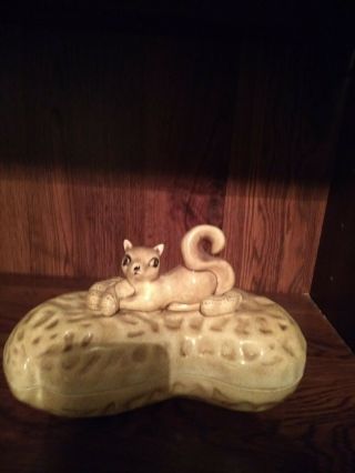Vintage Ceramic Peanut Shaped Dish With Squirrel.  Great For Nuts Or Candy