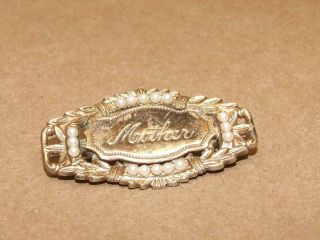 Vtg Antique Gold Filled Or Plated & Faux Seed Pearl " Mother " Collar Pin Brooch