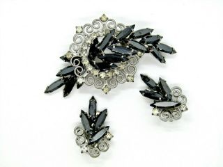 Vintage Juliana Hematite And Clear Stones Pin Brooch & Clip Earrings