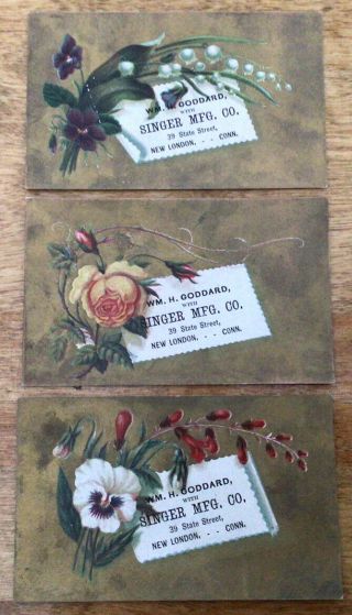 Rare Set 3 Victorian Trade Cards,  Singer Mfg Co,  Wm.  H.  Goddard,  Floral Designs