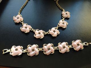 Vintage Demi Parure Necklace & Bracelet Set Pink Lucite W/ Rhinestones Goldtone