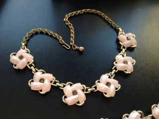Vintage Demi Parure Necklace & Bracelet Set Pink Lucite W/ Rhinestones Goldtone 3