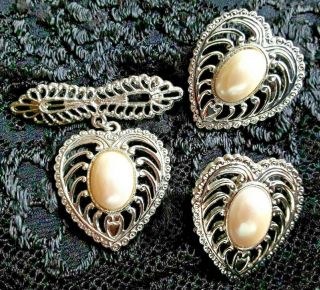Park Lane Signed Vintage Brooch Earrings Heart Victorian Silver Tone Set