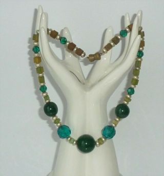 Art Deco French Bead Necklace Green Glass Bakelite Faux Pearl Vintage Collar
