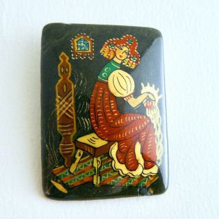 Vintage Russian Hand Painted Stone Brooch Pin Folk Tale Woman Spinning Wheel
