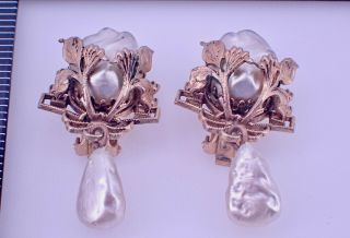 Vintage Higher Quality Floral And Faux Baroque Pearl Clip Earrings