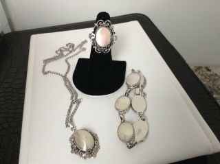 Whiting And Davis Mother Of Pearl Necklace,  Bracelet And Ring Set