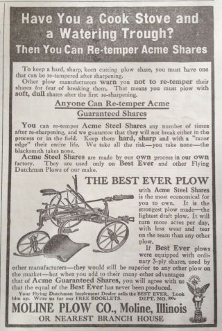 1914 Ad.  (xc18) Moline Plow Co.  Ill.  Acme Steel Shares On Best Ever Plow