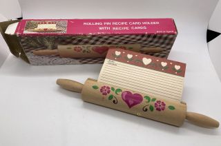 Vintage Wooden Rolling Pin Recipe Card Holder With Cards Country Hearts Flowers