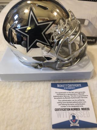 Troy Aikman Autographed Cowboys Silver Chrome Speed Mini Helmet Beckett M81630
