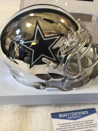 Troy Aikman Autographed Cowboys Silver Chrome Speed Mini Helmet Beckett M81630 3
