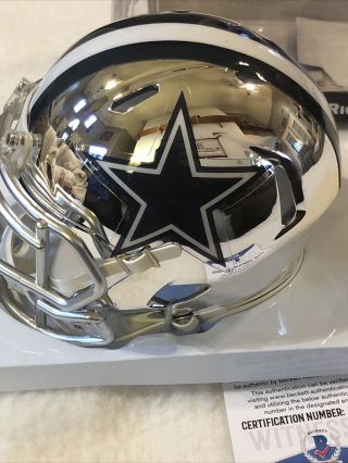 Troy Aikman Autographed Cowboys Silver Chrome Speed Mini Helmet Beckett M81630 4