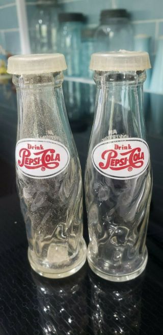 Vintage Pepsi Cola Salt & Pepper Shakers Glass Bottles Soda Old Clear Red Label