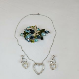 Vintage Signed Weiss Brooch And Necklace With Matching Earrings -