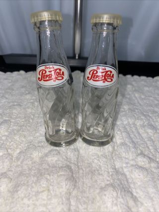 Vintage Drink Pepsi Cola 4.  5 Inch High Salt And Pepper Shakers Glass Bottles