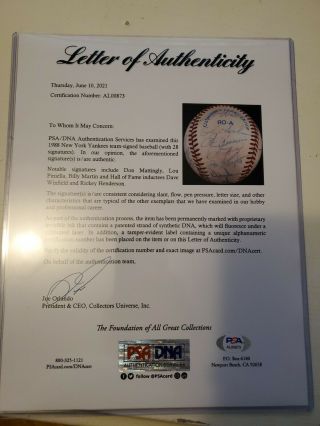 1988 Yankees Team 28x Signed Baseball Psa/dna Loa Rickey Henderson Don Mattingly