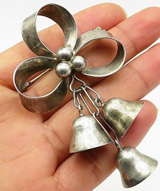 Mexico 925 Silver - Vintage Ball Beaded Bow & Chime Bells Brooch Pin - Bp2261