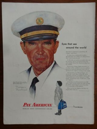 Vintage 1956 Print Ad For Pan American Airline Norman Rockwell Painting Of Pilot