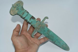 Ancient Greco Bactrian Bronze Dagger With Engravings Of Seated Noble Men & Lions