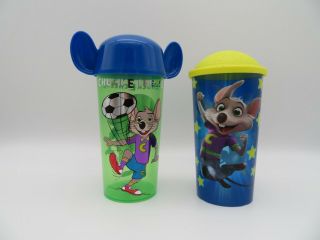 2 Chuck E Cheese 10 0z.  Cups With Straw Holes Plastic Bpa 2019 Snap - On Lids