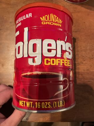 Vintage Folgers Coffee Can Regular Grind 1 Lb Tin Mountain Grown 16 Oz.  Red Lid