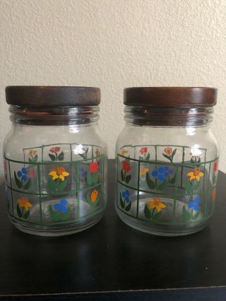 Vintage Pair Anchor Hocking Glass Canister Jars Flowers Nina 1983 Wood Lids Tops