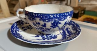 Vintage Japanese Porcelain Tea Cup And Saucer White & Blue Cherry Blossom