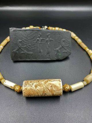 Old Ancient Antique Sasanian Cylinder Seal With Stone Age Rock Crystals Beads