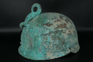 Large Ancient Antique Bactrian Bronze Helmet With 3 Animal Figurine Engravings