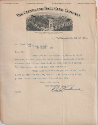 1911 Cleveland Indians Vintage Signed Baseball Letter On Team Stationary
