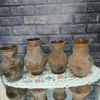 Set Of Four.  Very Old Antique Ancient Clay Vessel - Rustic Bowl - Antique Clay P