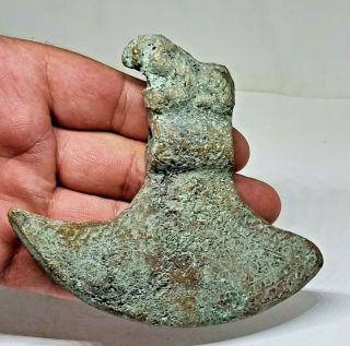Extremely Rare Ancient Luristan Bronze Axe Head With Beast.  280 Gr 105 Mm