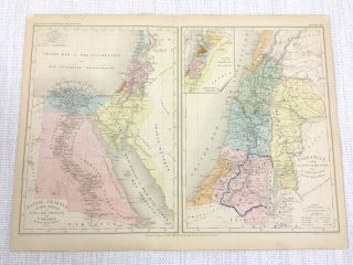 1877 Antique Map Of Ancient Egypt Palestine The Middle East Israel Hand Coloured