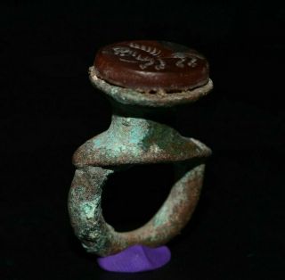 Big Ancient Roman Bronze Finger Ring With Carnelian Stone Intaglio Seal