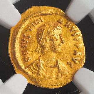545,  Byzantine Empire,  Justinian I.  Gold Tremissis Coin.  (1.  49gm) Ngc Au 4/2
