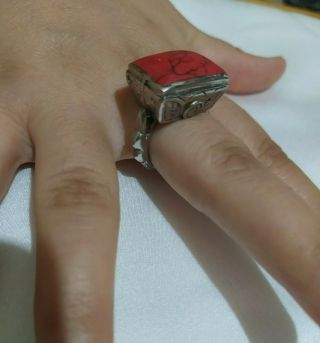 Rare Ancient Viking Ring Silver Engraved Medieval Artifact Authentic Red Coral