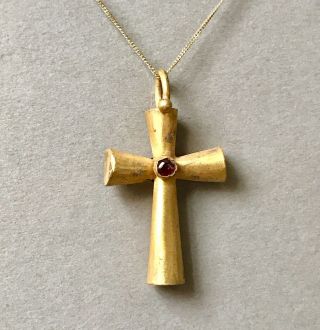 Stunningly Ancient Byzantine Gold Cross Pendant With Garnet