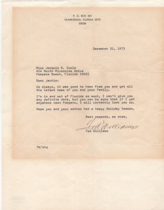 Ted Williams - Mlb Baseball Hall Of Famer - Autographed Letter (tls) W Jsa Loa
