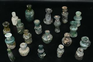 20 Ancient Roman Glass Bottles With Iridescent Color Patina From Israel